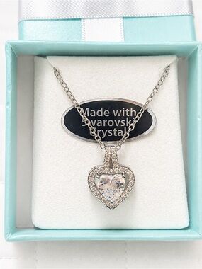 Swarovski Crystal Silver Heart Pendant Necklace with Clear Crystal 16” + 2”